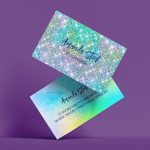 Cute iridescent unicorn blue faux glitter monogram business card