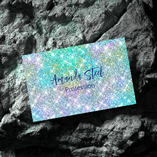 Cute iridescent unicorn blue faux glitter monogram business card magnet