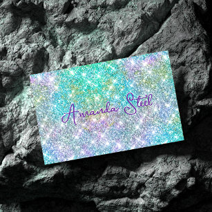 Cute iridescent unicorn blue faux glitter monogram business card magnet
