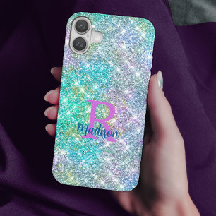 Cute iridescent unicorn blue faux glitter monogram iPhone 16 case