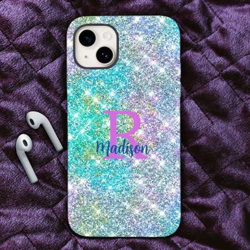 Cute iridescent unicorn blue faux glitter monogram Case_Mate iPhone 14 case