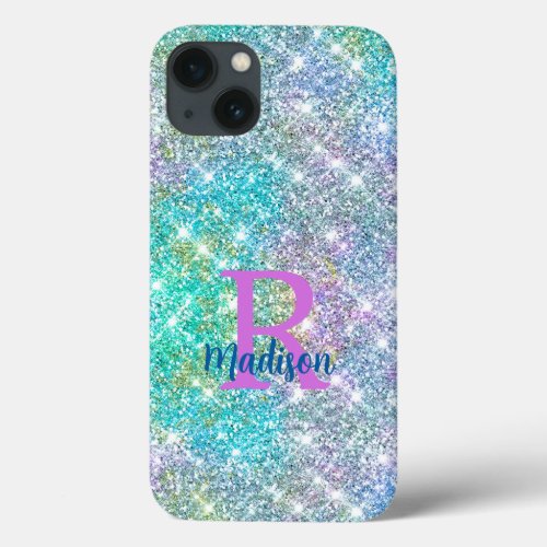 Cute iridescent unicorn blue faux glitter monogram iPhone 13 case