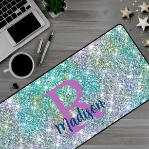 Cute iridescent unicorn blue faux glitter monogram desk mat