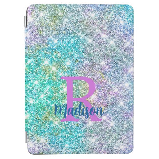 Cute iridescent unicorn blue faux glitter monogram iPad air cover
