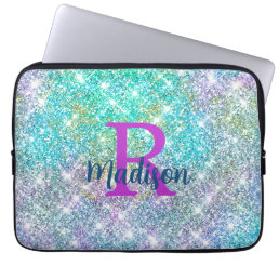 Cute iridescent unicorn blue faux glitter monogram laptop sleeve