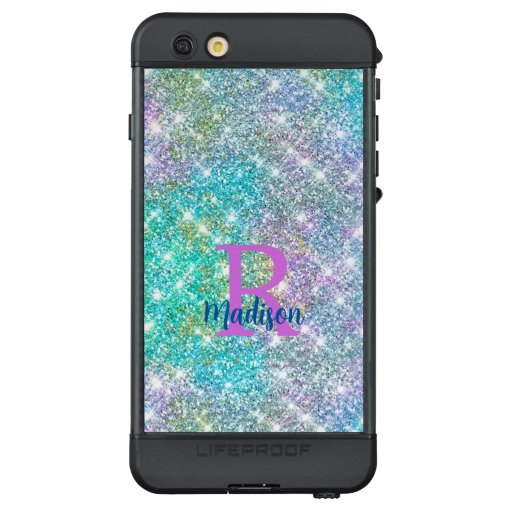 Cute iridescent unicorn blue faux glitter monogram LifeProof NÜÜD iPhone 6s plus case