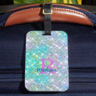 Cute iridescent unicorn blue faux glitter monogram