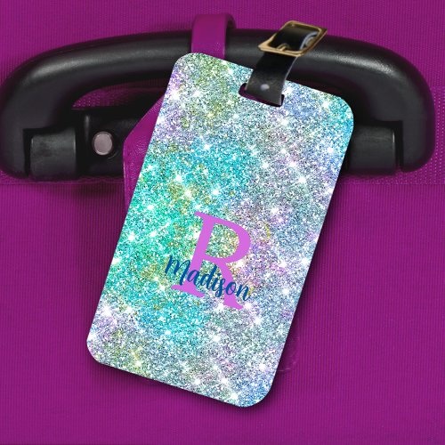 Cute iridescent unicorn blue faux glitter monogram luggage tag