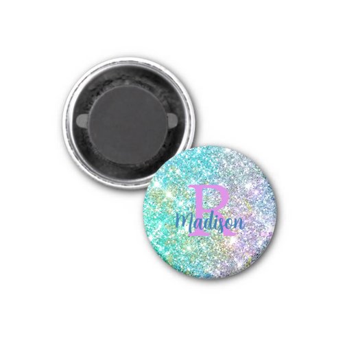 Cute iridescent unicorn blue faux glitter monogram magnet
