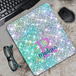 Cute iridescent unicorn blue faux glitter monogram mouse pad