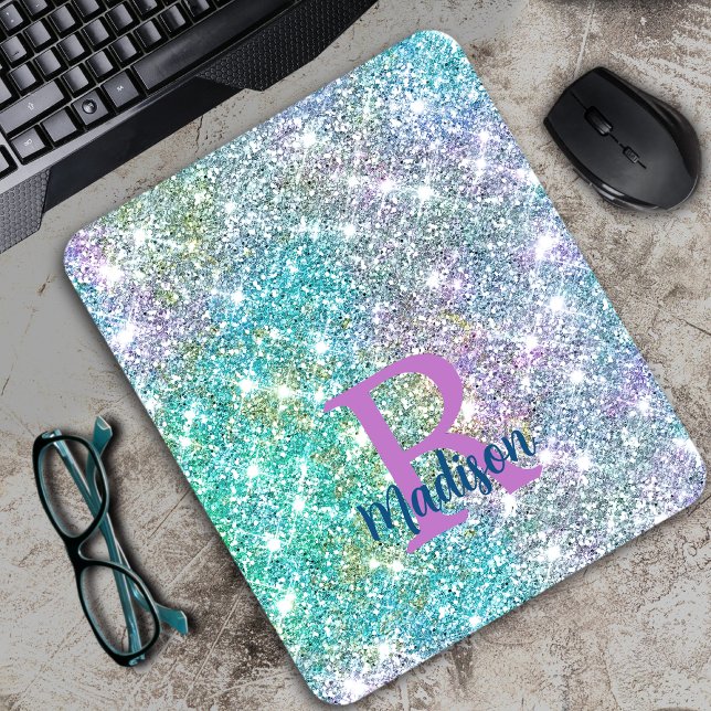Cute iridescent unicorn blue faux glitter monogram mouse pad (Creator Uploaded)