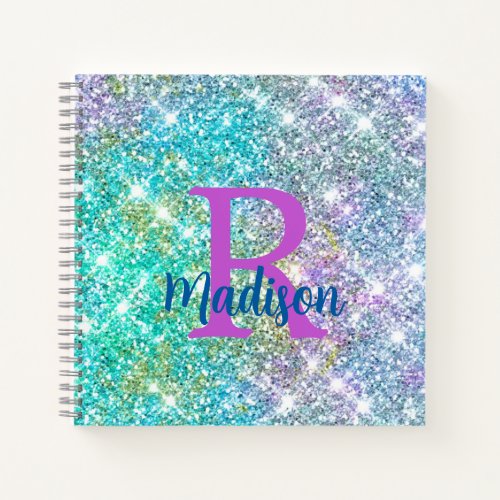 Cute iridescent unicorn blue faux glitter monogram notebook