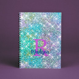 Cute iridescent unicorn blue faux glitter monogram notebook