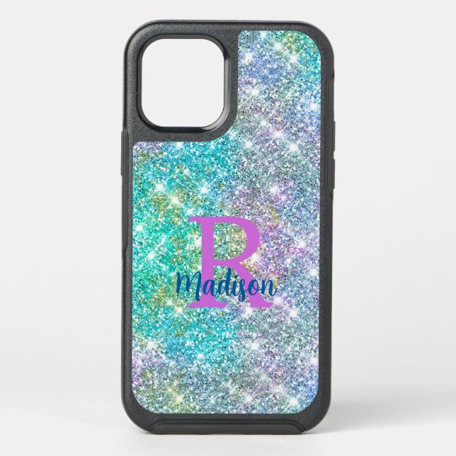 Cute iridescent unicorn blue faux glitter monogram otterbox iPhone case (Back)