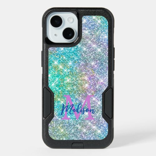 Cute iridescent unicorn blue faux glitter monogram iPhone 15 case