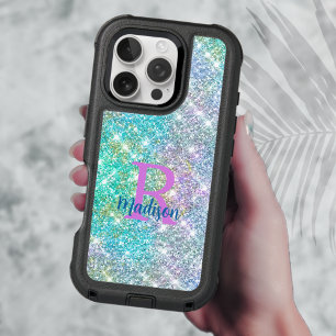 Cute iridescent unicorn blue faux glitter monogram iPhone 16 pro case