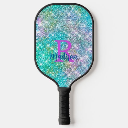 Cute iridescent unicorn blue faux glitter monogram pickleball paddle