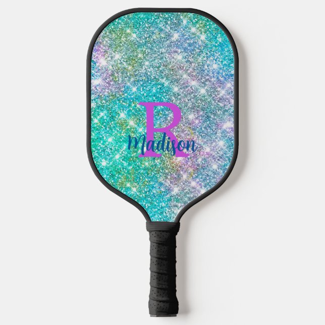 Cute iridescent unicorn blue faux glitter monogram pickleball paddle (Front)