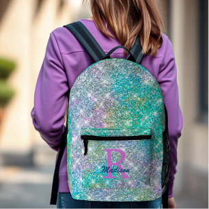 Cute iridescent unicorn blue faux glitter monogram printed backpack