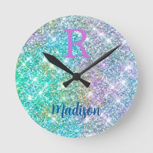 Cute iridescent unicorn blue faux glitter monogram round clock