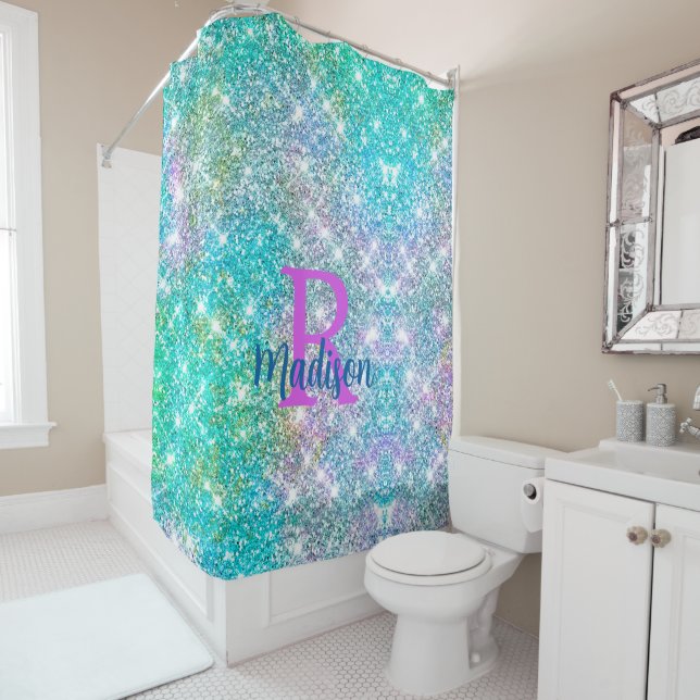 Cute iridescent unicorn blue faux glitter monogram shower curtain (In Situ)
