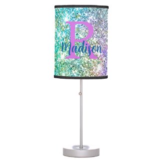 Cute iridescent unicorn blue faux glitter monogram