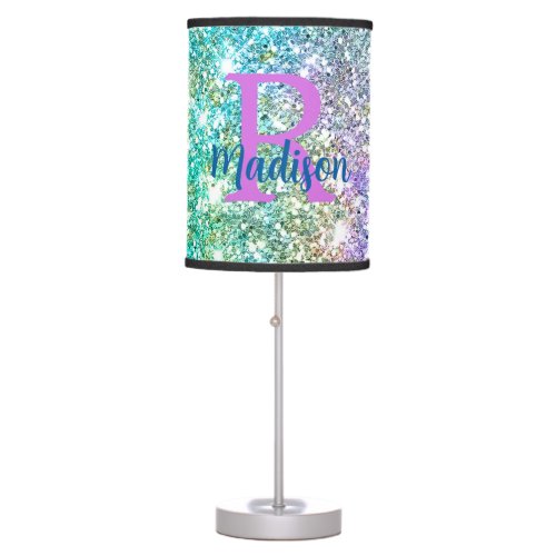 Cute iridescent unicorn blue faux glitter monogram table lamp