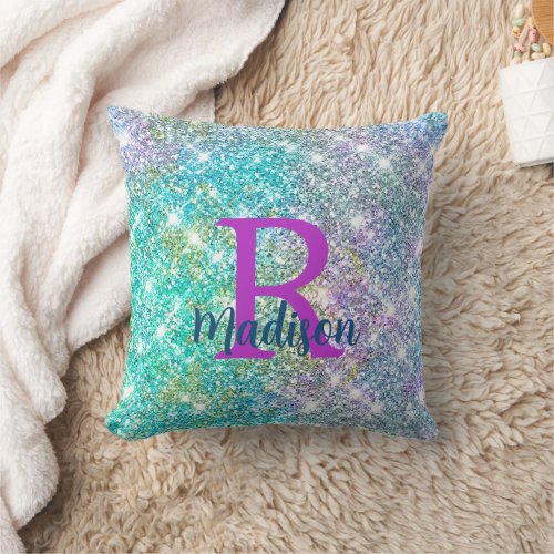 Cute iridescent unicorn blue faux glitter monogram throw pillow