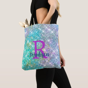 Cute iridescent unicorn blue faux glitter monogram tote bag