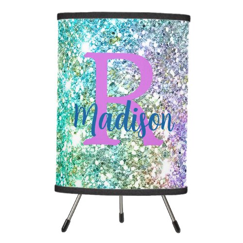 Cute iridescent unicorn blue faux glitter monogram tripod lamp