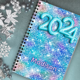 Cute iridescent unicorn blue pink glitter 2024 planner