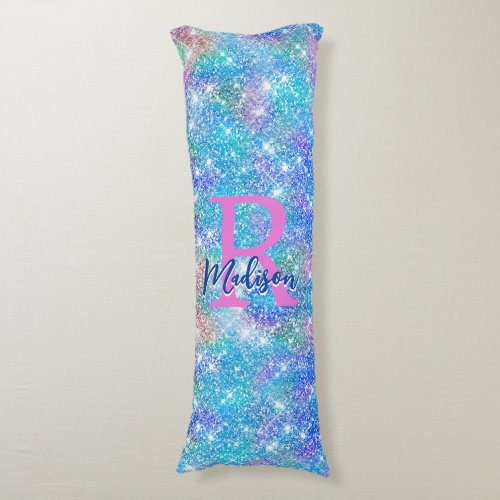 Cute iridescent unicorn blue pink glitter monogram body pillow