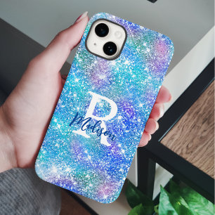 Cute iridescent unicorn blue pink glitter monogram iPhone 15 case