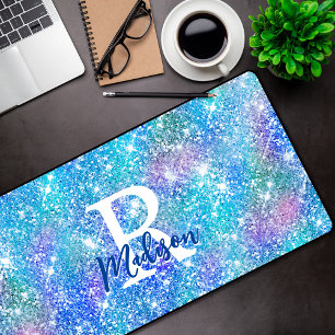Cute iridescent unicorn blue pink glitter monogram desk mat