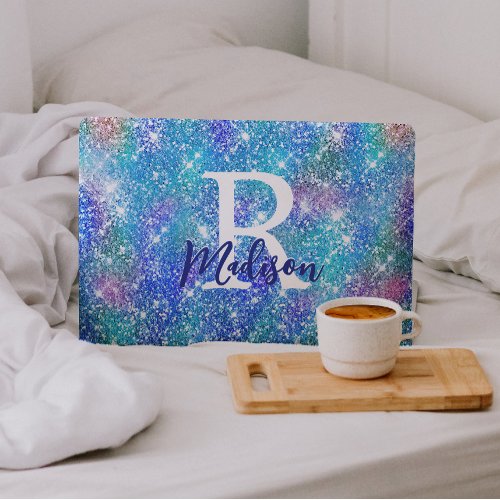 Cute iridescent unicorn blue pink glitter monogram HP laptop skin