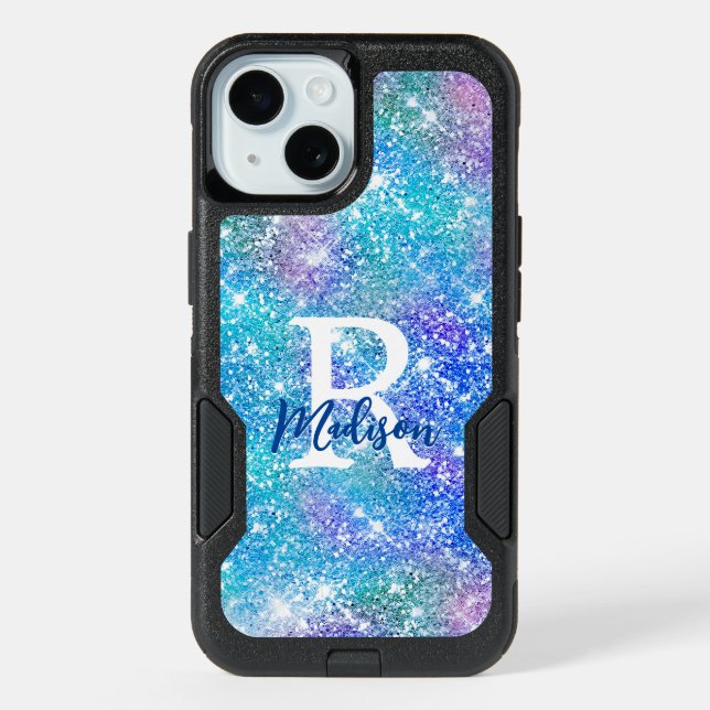 Cute iridescent unicorn blue pink glitter monogram iPhone 15 case (Back)