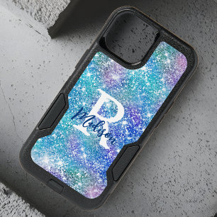 Cute iridescent unicorn blue pink glitter monogram iPhone 15 case