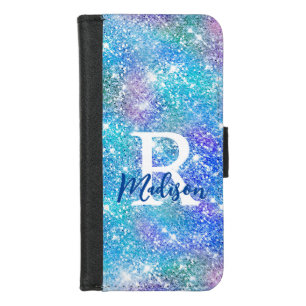 Cute iridescent unicorn blue pink glitter monogram iPhone 8/7 wallet case