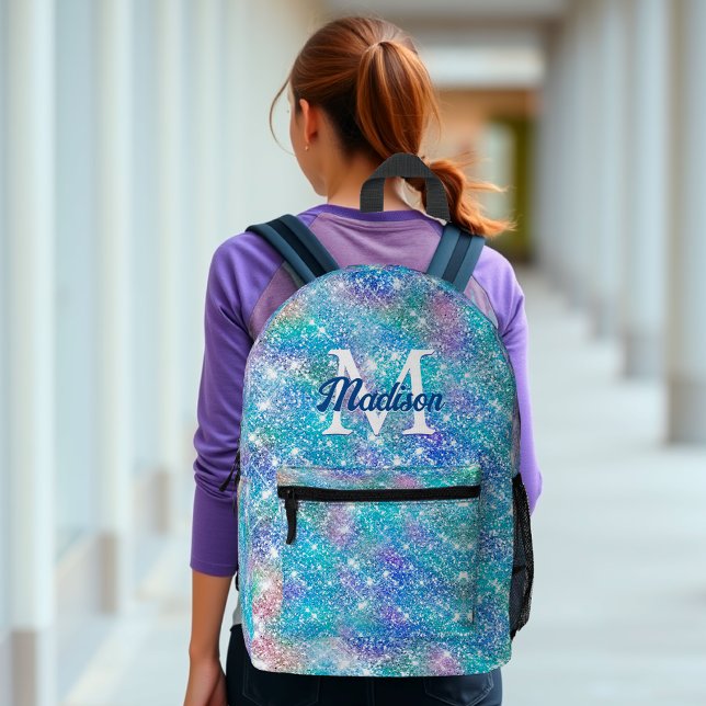 Cute iridescent unicorn blue pink glitter monogram printed backpack (Creator Uploaded)