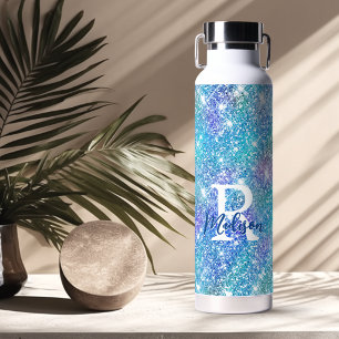 Cute iridescent unicorn blue pink glitter monogram water bottle