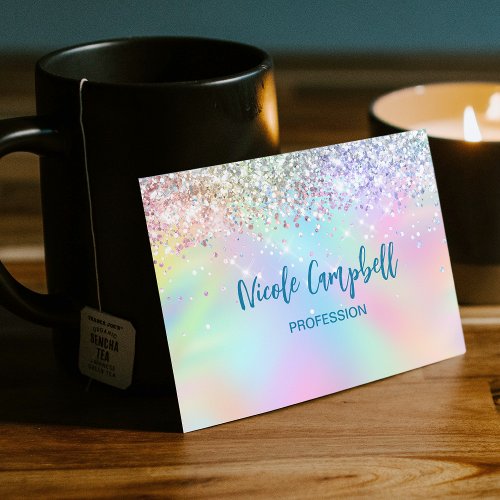 Cute iridescent unicorn faux glitter business card