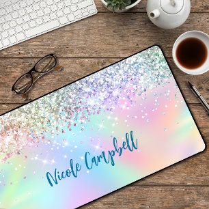 Cute iridescent unicorn faux glitter business card desk mat
