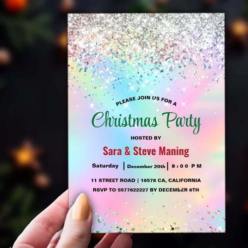 Cute iridescent unicorn faux glitter Christmas  Invitation