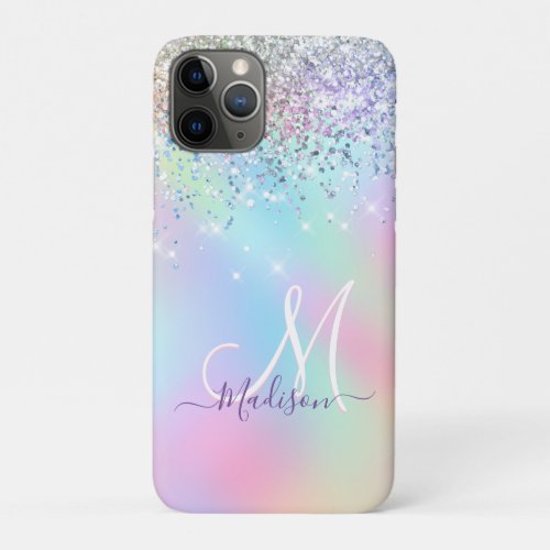 Cute iridescent unicorn faux glitter monogram iPhone 11 pro case