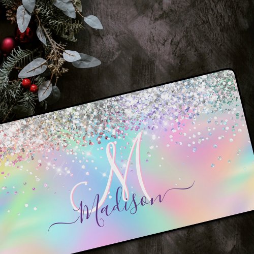 Cute iridescent unicorn faux glitter monogram desk mat