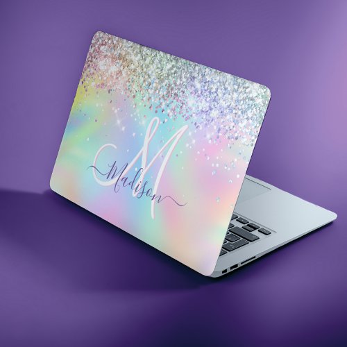 Cute iridescent unicorn faux glitter monogram HP laptop skin