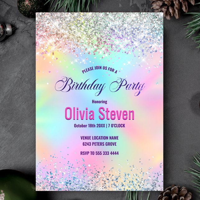 Cute iridescent unicorn faux glitter monogram invitation (Creator Uploaded)