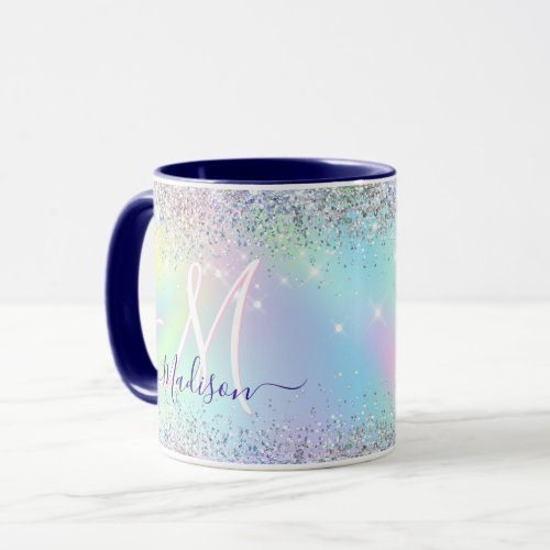 Cute iridescent unicorn faux glitter monogram mug