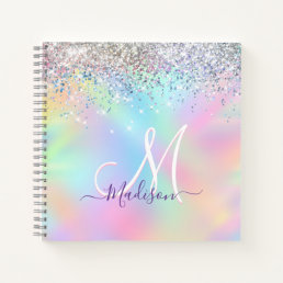 Cute iridescent unicorn faux glitter monogram notebook