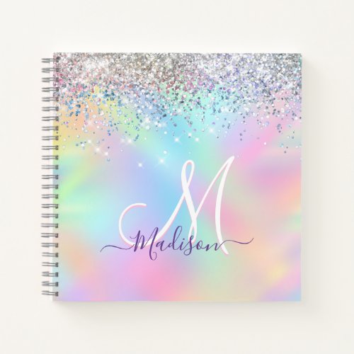 Cute iridescent unicorn faux glitter monogram notebook